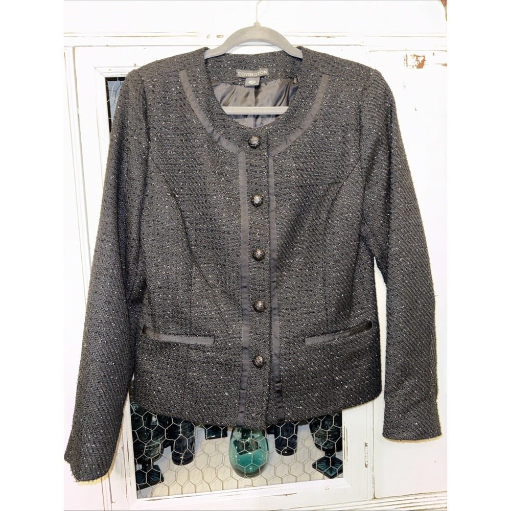 Covington Black Metallic Shimmer Structured Knit Blazer Jacket Medium‎